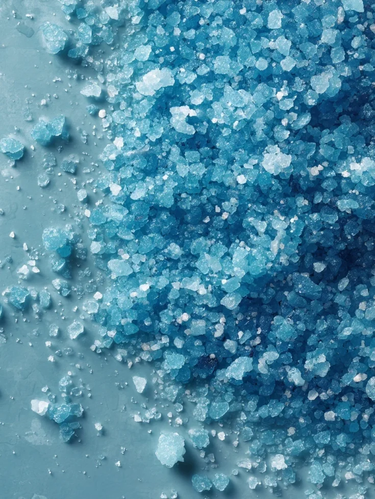 Macro shot of coarse blue salt crystals scattered on a light blue surface.