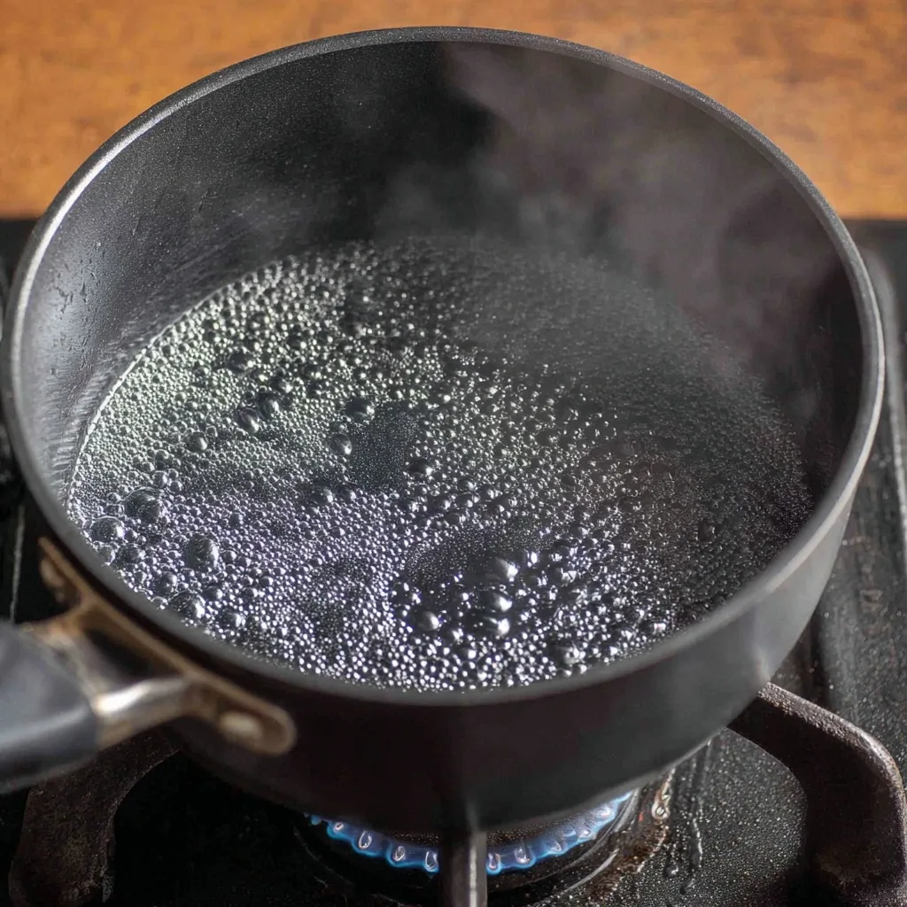 Saucepan of water and vinegar brine simmering on a stovetop for homemade pickled garlic.