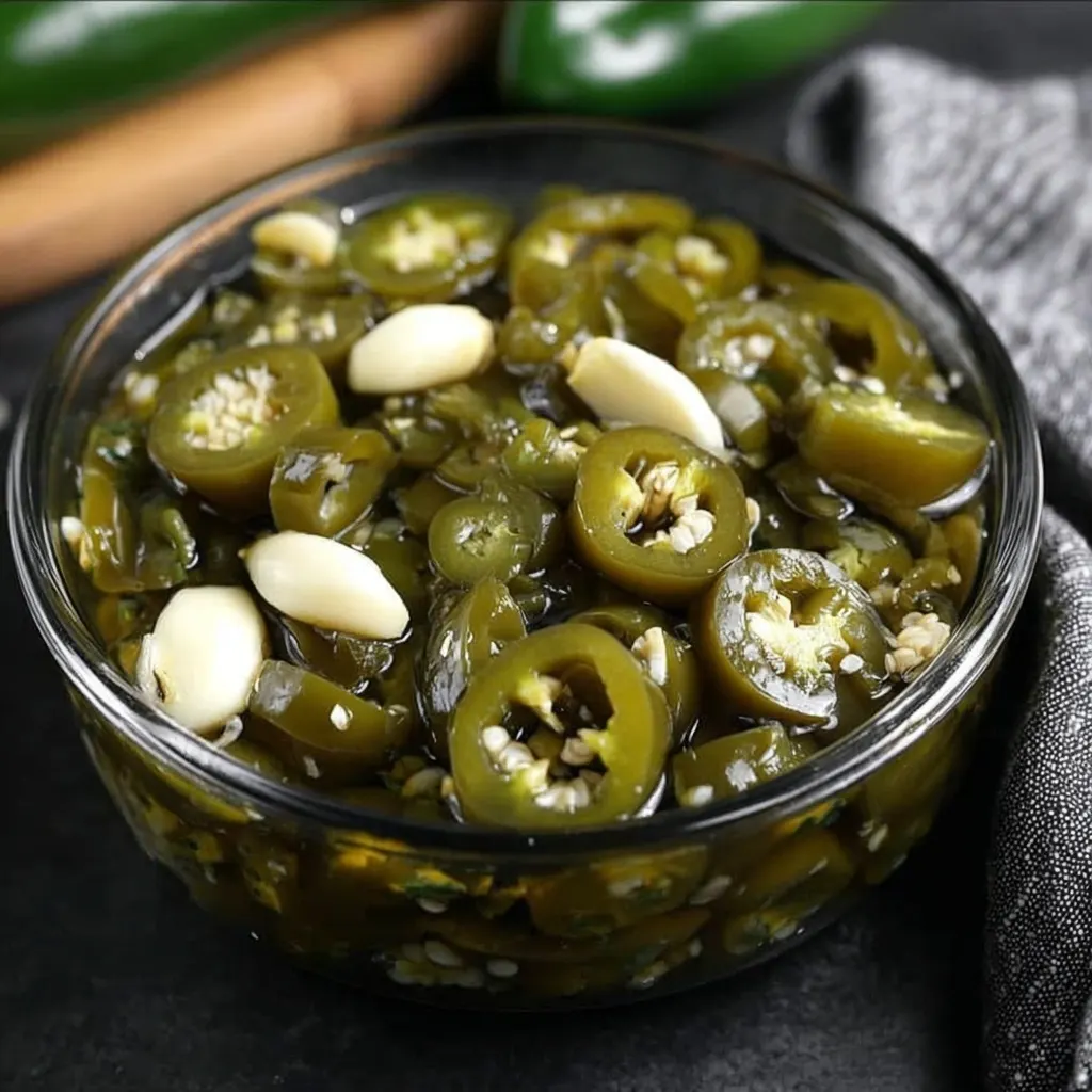 Glass bowl filled with sliced pickled jalapenos and garlic cloves on a dark surface