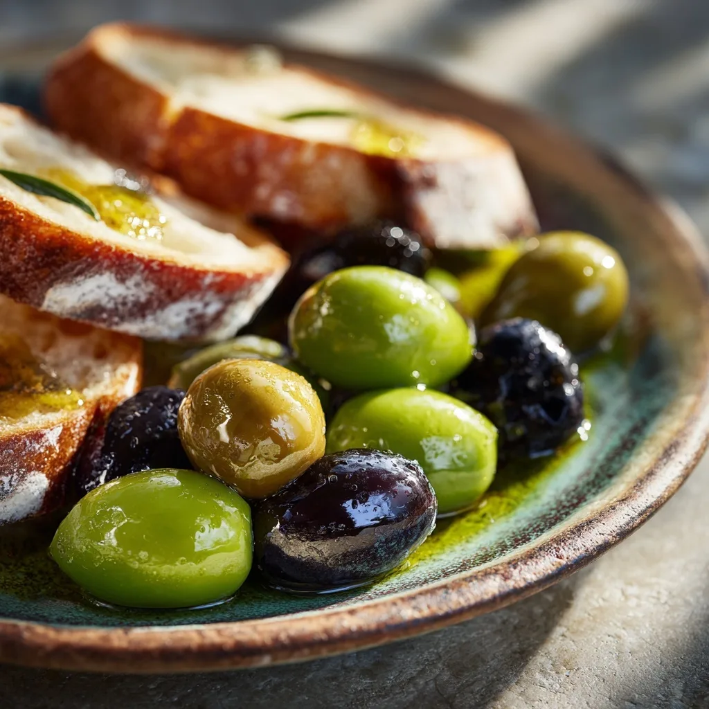 Plate of green and black olives with slices of crusty bread drizzled in olive oil, a perfect side to pickled garlic.