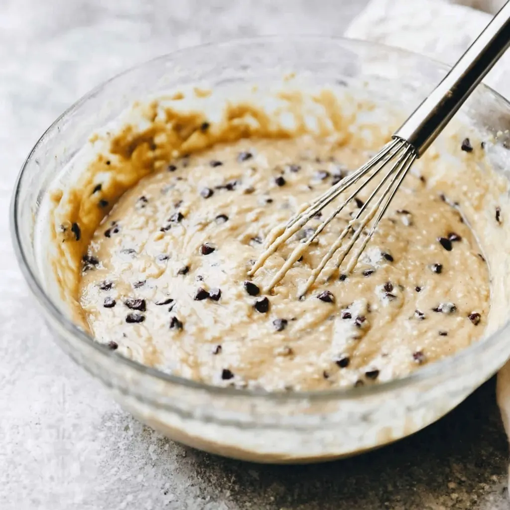 banana bread batter mixed with chocolate chips in a glass bowl with whisk