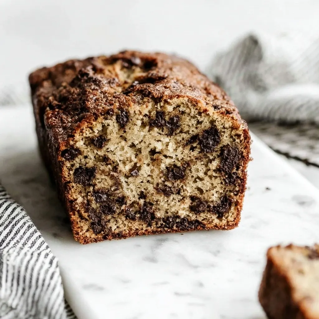 chocolate chip banana bread recipe loaf on marble board showing moist texture and chocolate chunks