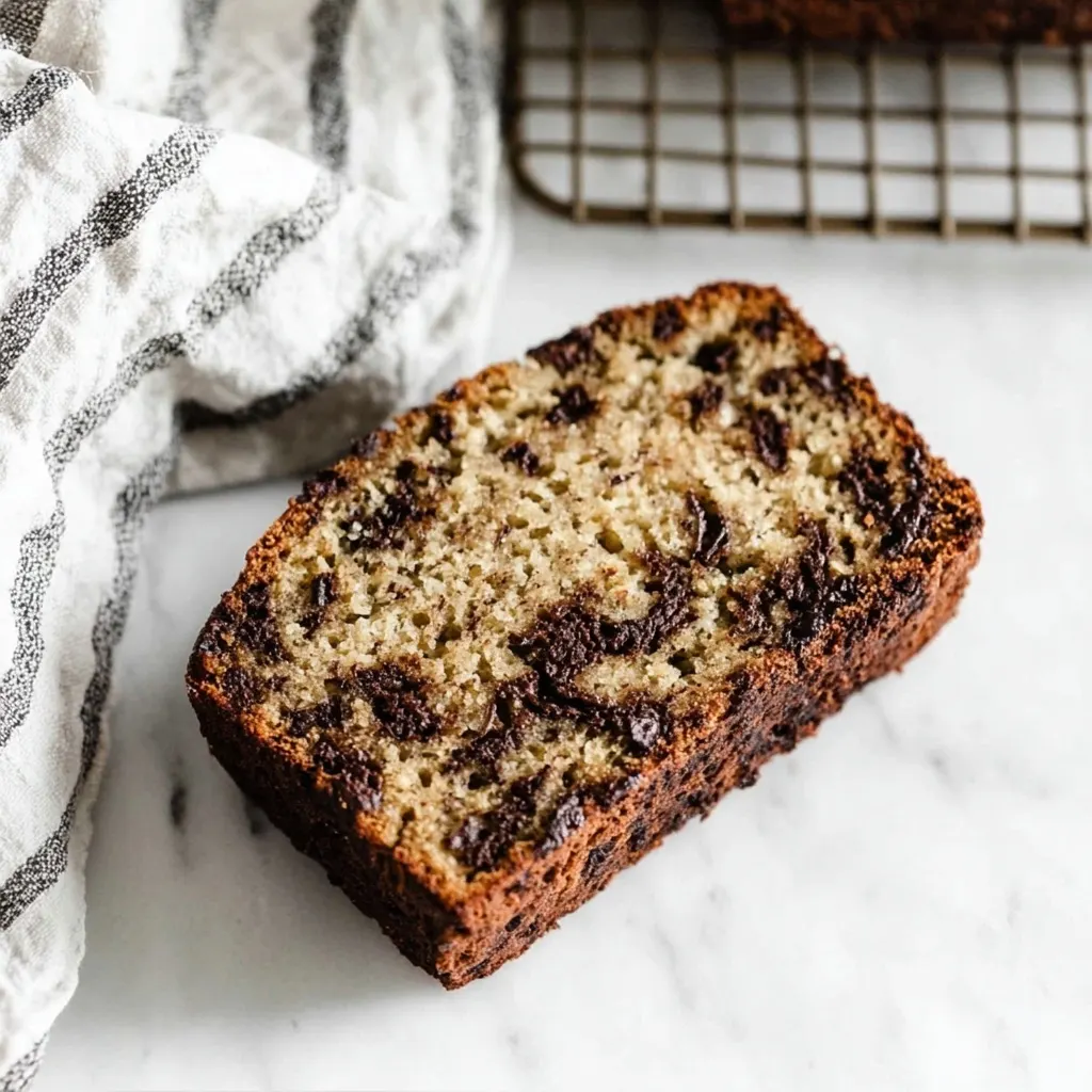 single slice of chocolate chip banana bread recipe on marble with gooey chocolate chunks inside