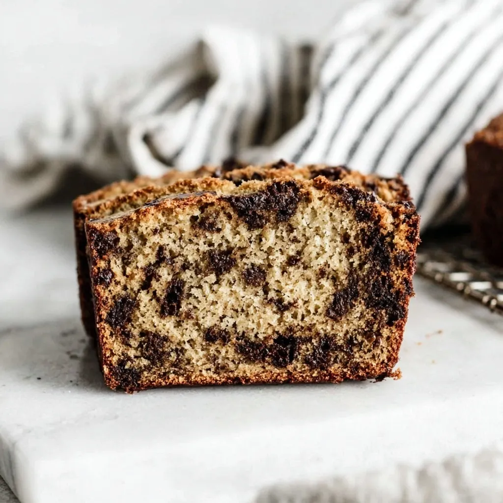 slice of chocolate chip banana bread recipe on marble surface showing moist crumb and chocolate swirls