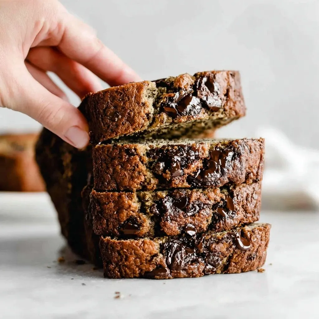 stack of sliced chocolate chip banana bread recipe with gooey melted chocolate, hand lifting a slice