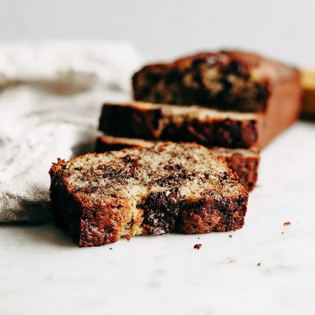 slices of chocolate chip banana bread recipe on marble with moist texture and melted chocolate chunks