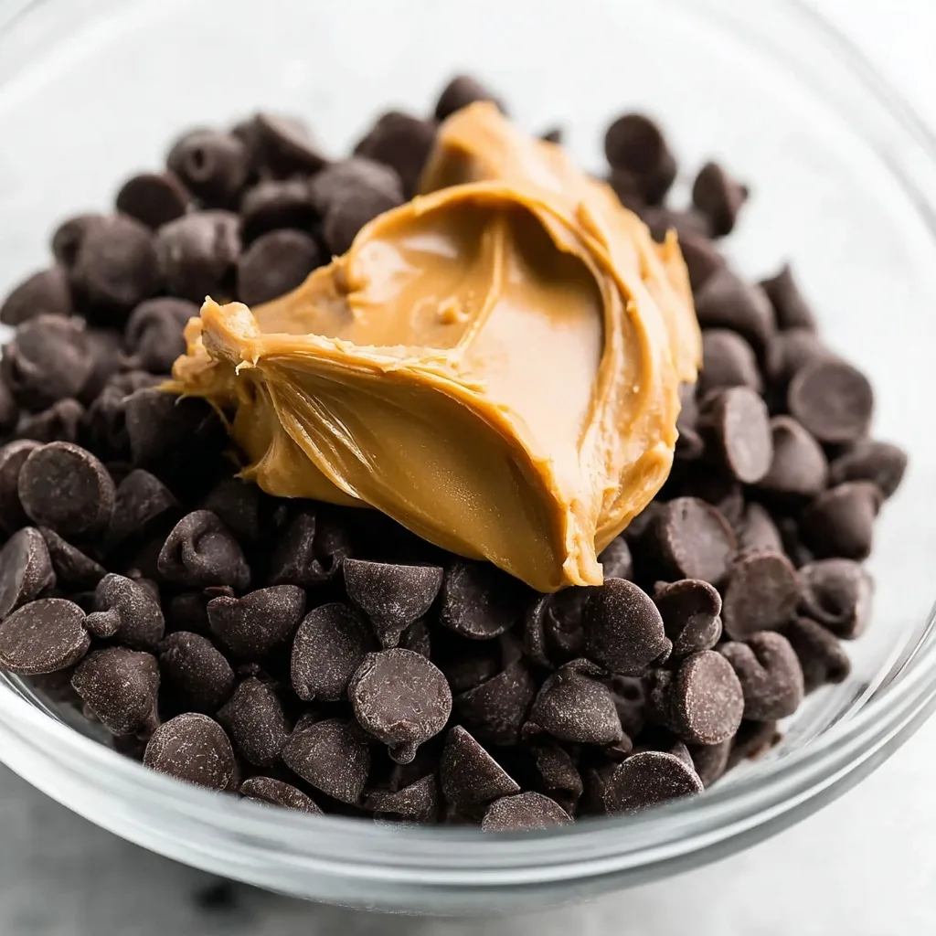 Creamy peanut butter scoop resting on top of dark chocolate chips in a clear glass bowl.