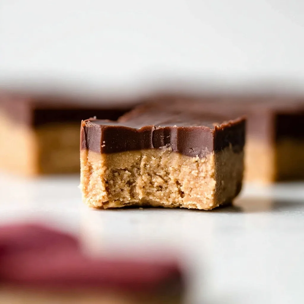 Close-up of a chocolate peanut butter bar with a bite taken out, showing creamy texture.