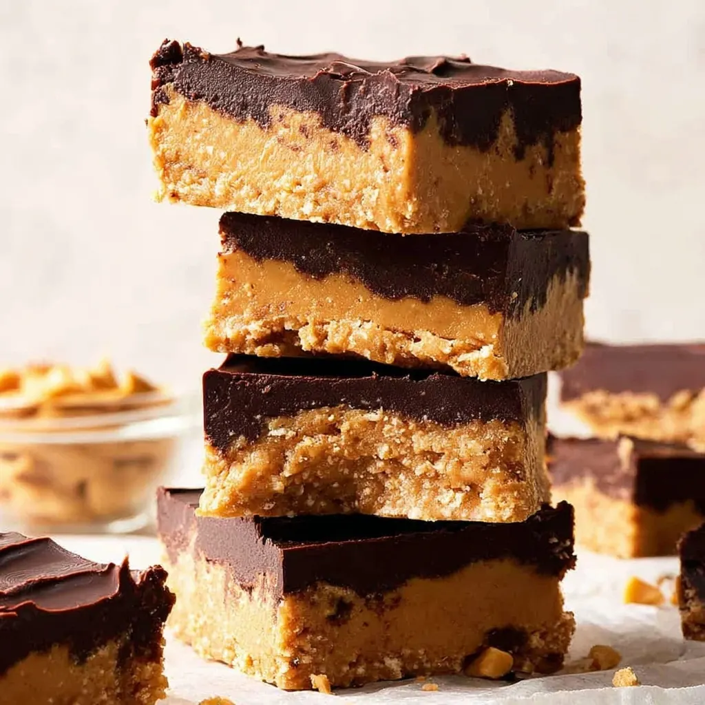 Stack of chocolate-topped peanut butter dessert bars with crumbly layers on parchment paper.