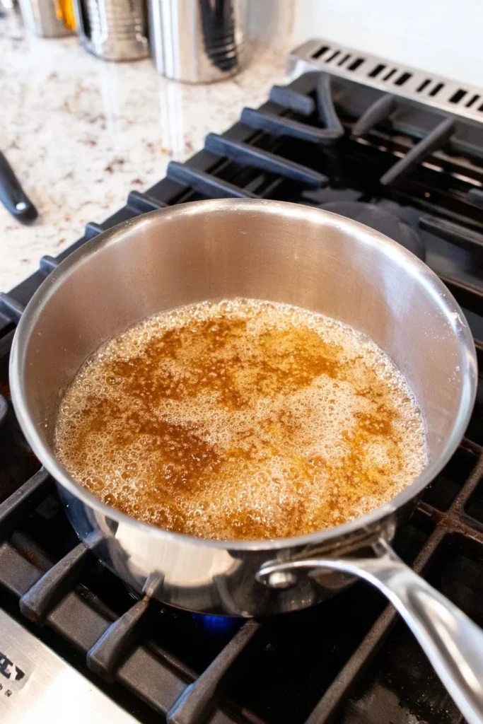Boiling butter and brown sugar mixture in a saucepan for Christmas crack toffee layer