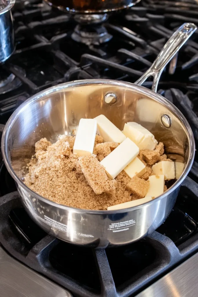 Butter and brown sugar in a saucepan for making Christmas crack toffee layer