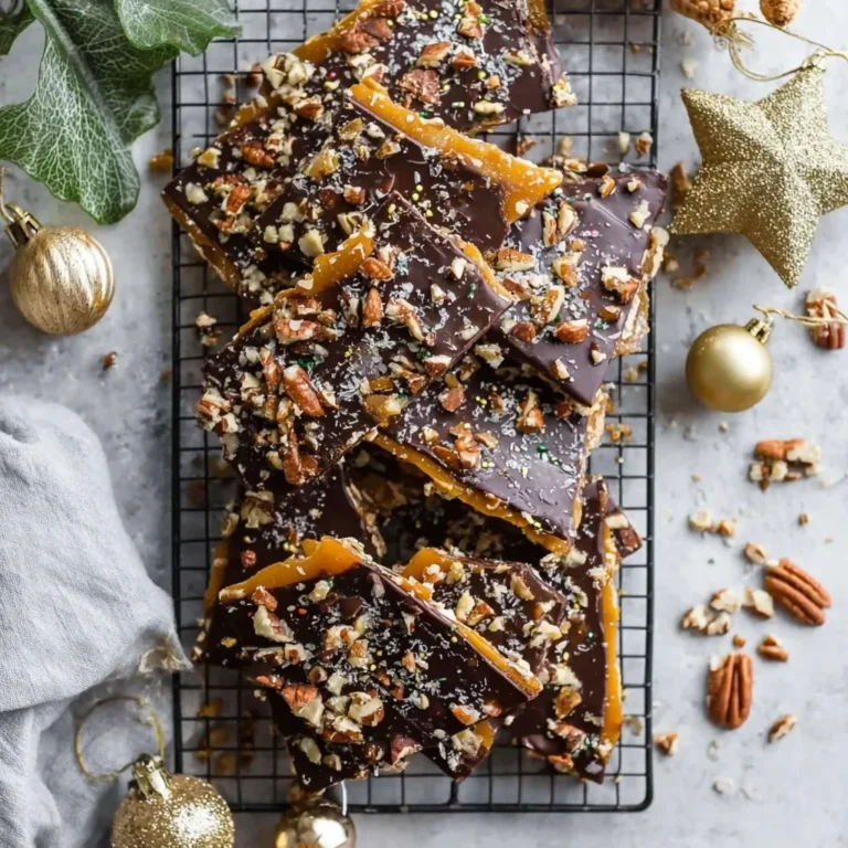 Festive Christmas crack with chocolate, pecans, and sprinkles on a cooling rack with holiday decorations