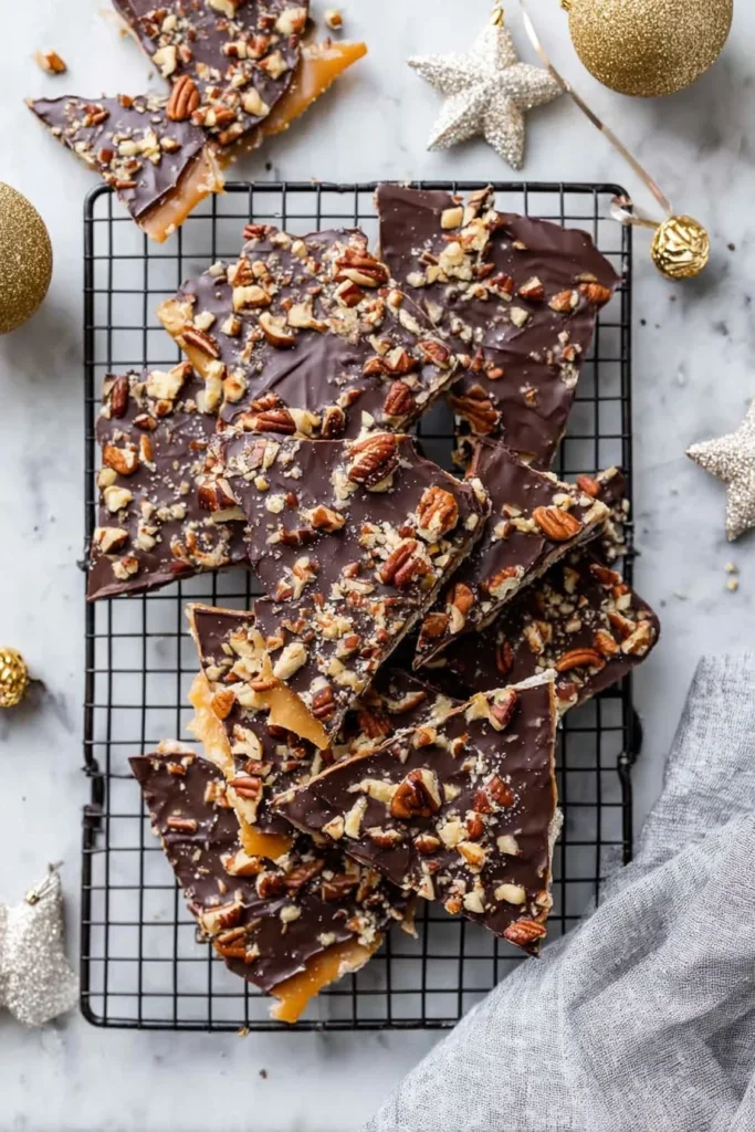 Christmas crack pieces with chocolate and pecans on a cooling rack, surrounded by holiday decorations
