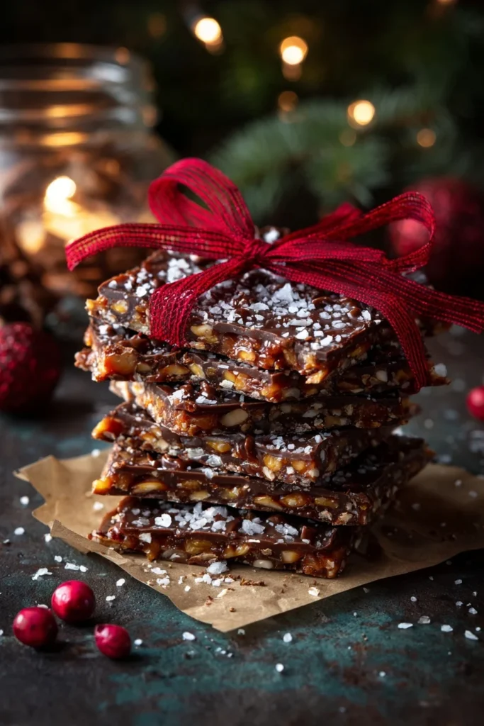 Christmas Crack Recipe WW2 chocolate toffee candy stacked and tied with a red ribbon, sprinkled with sea salt.