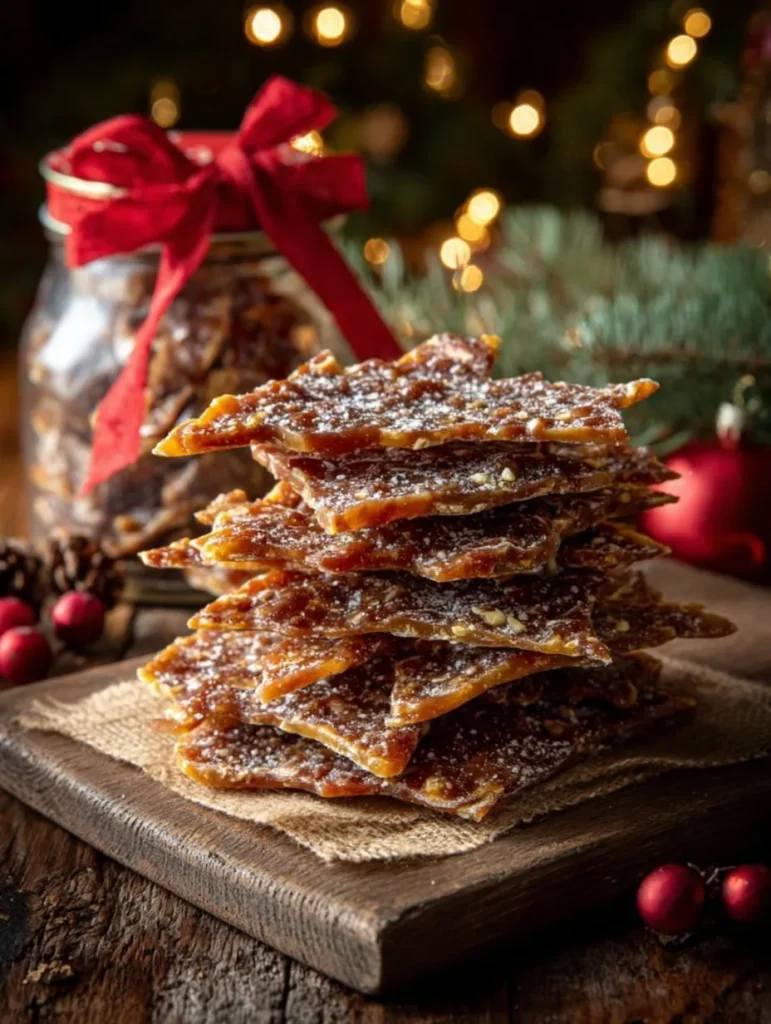 Stacked Christmas Crack Recipe WW2 candy with powdered sugar, jar tied with red ribbon in holiday setting.