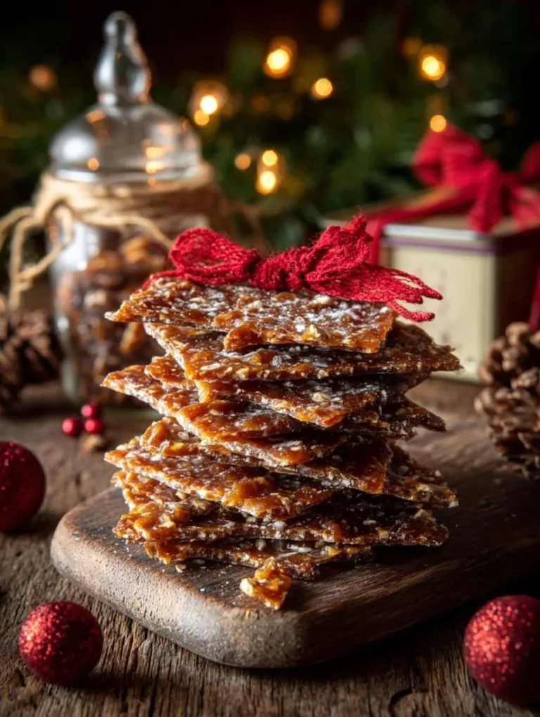 Christmas Crack Recipe WW2 candy tied with red ribbon, holiday jar and decorations in background.