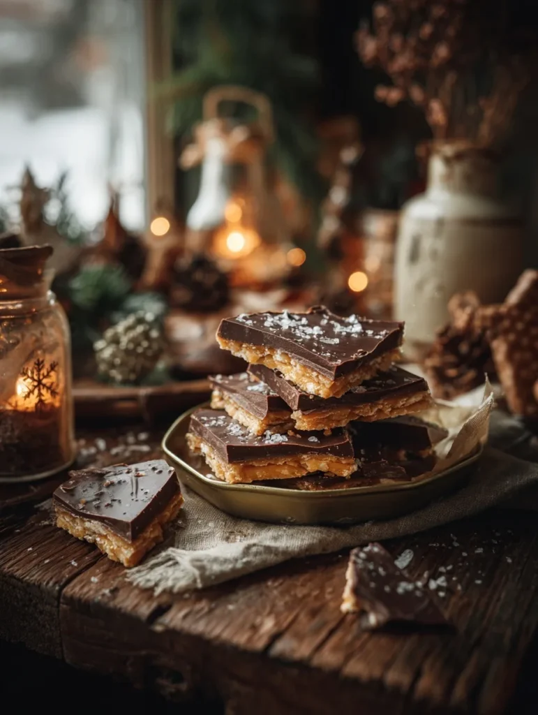 Christmas Crack Recipe WW2 candy stacked on a rustic plate with vintage holiday decor and warm candlelight.