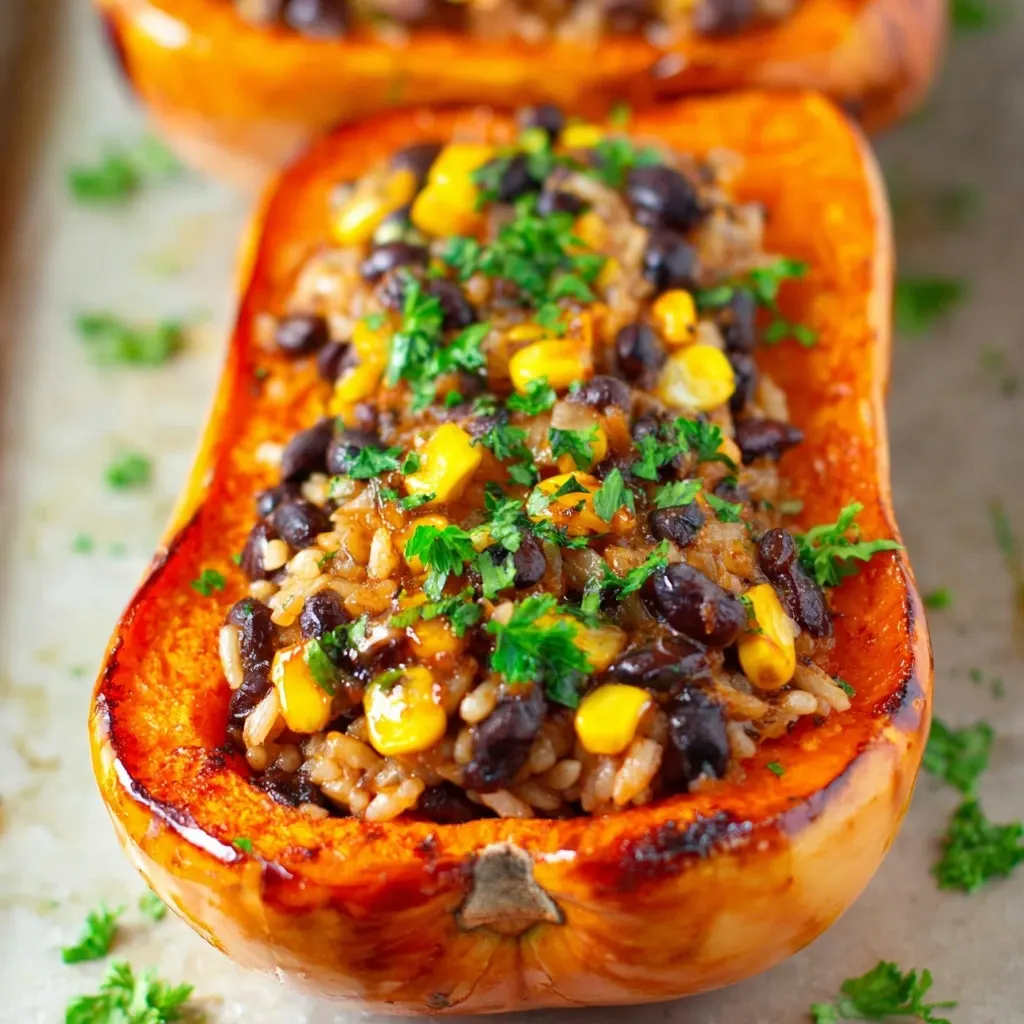 Close-up of roasted butternut squash stuffed with rice, black beans, corn, and parsley
