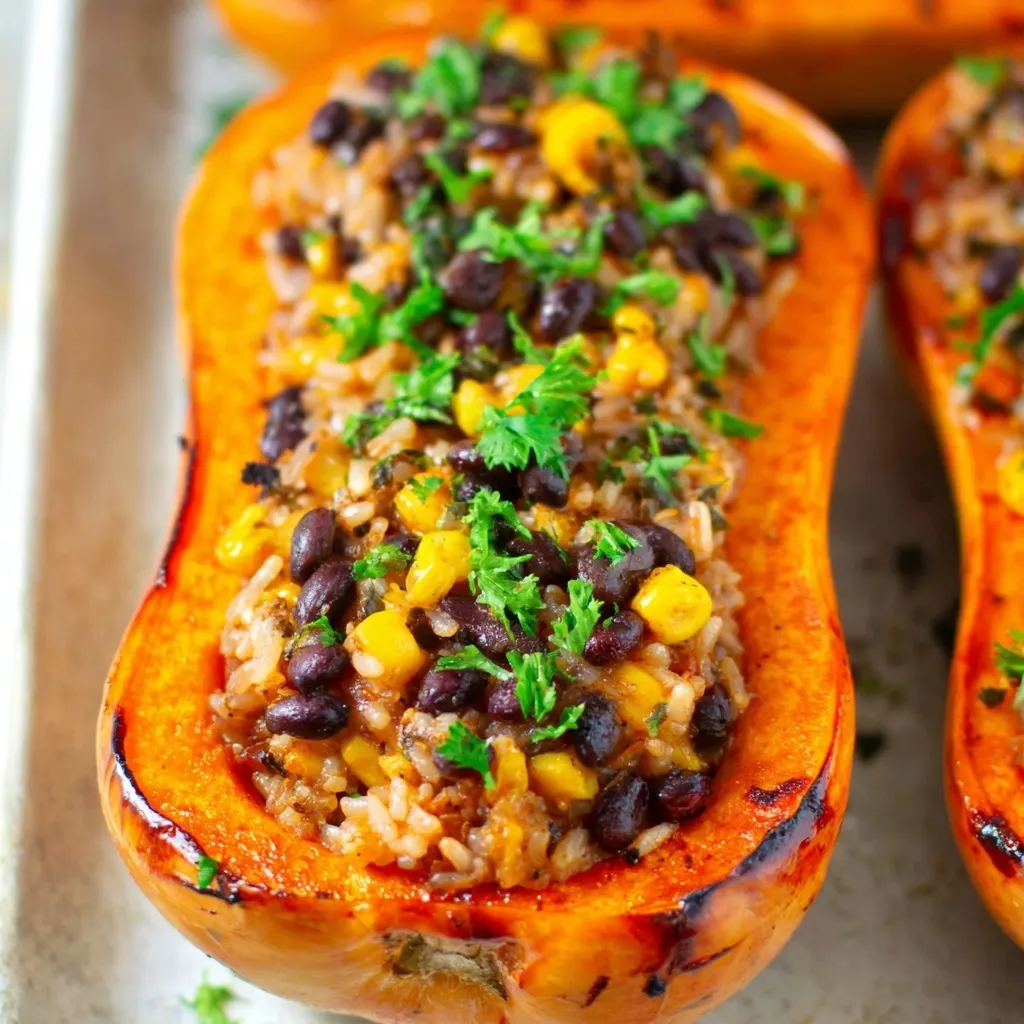 Close-up of vegan stuffed butternut squash filled with rice, black beans, and corn, topped with fresh parsley