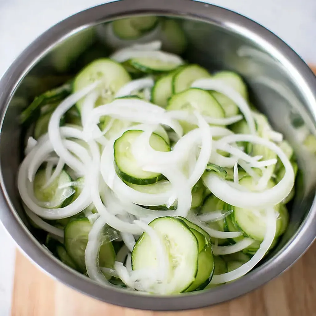 Bowl of sliced cucumbers and onions prepared for easy refrigerator pickles recipe