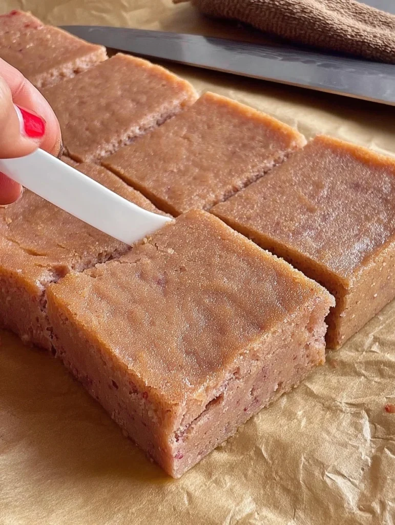 Strawberry mochi cake squares being gently separated with a plastic knife after baking