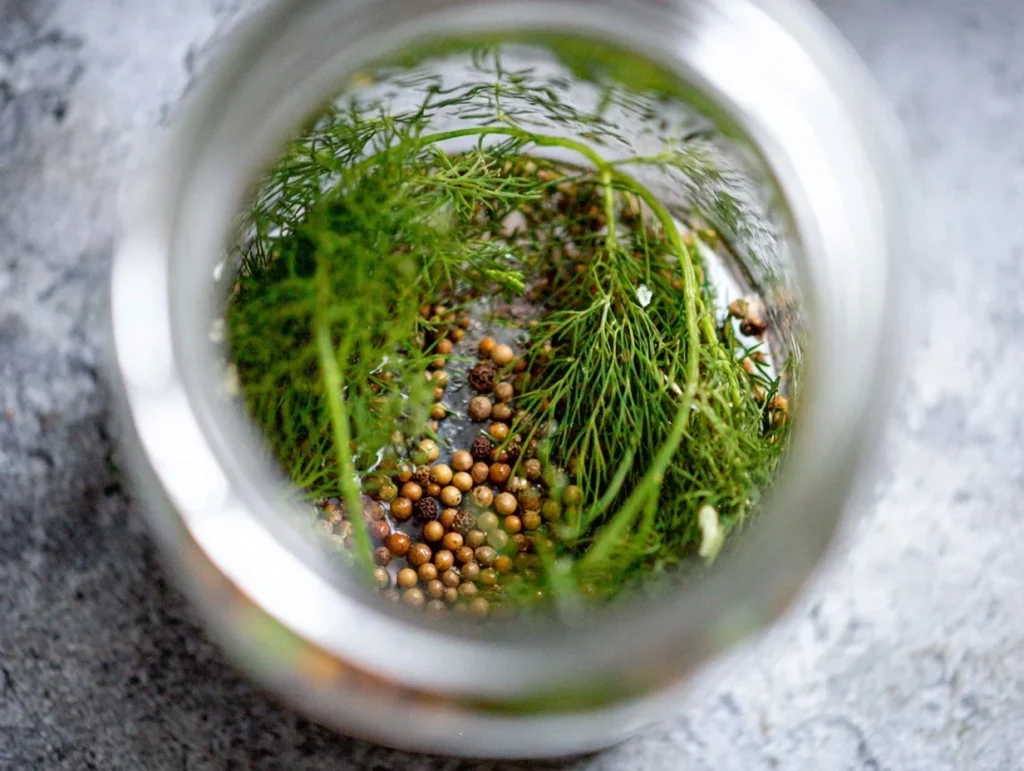 Fresh dill and pickling spices layered in a jar to prepare easy refrigerator pickles