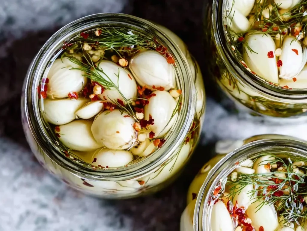 Close-up of a jar filled with garlic cloves pickled in vinegar brine with dill and red pepper flakes.
