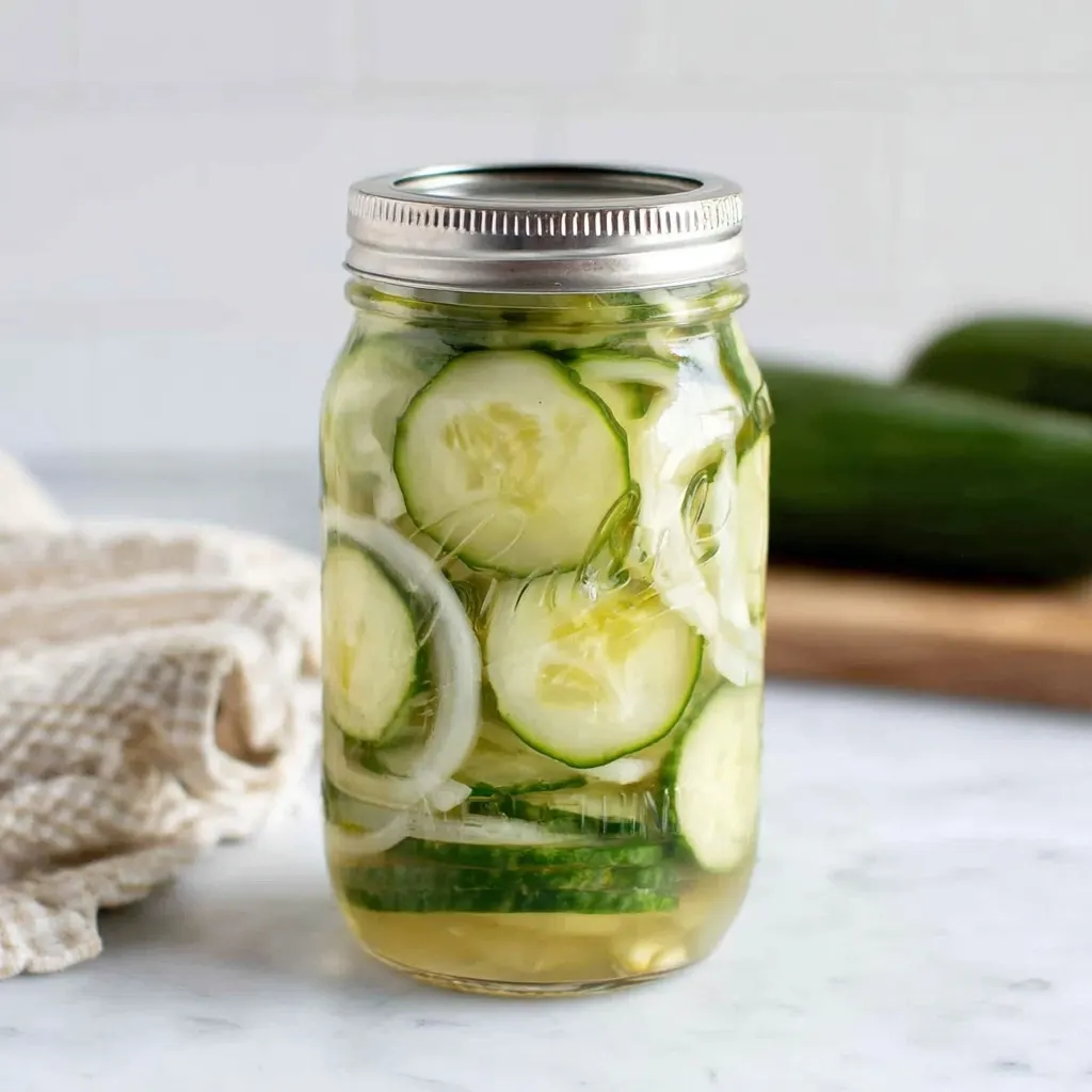 Mason jar filled with homemade easy refrigerator pickles with cucumbers and onions