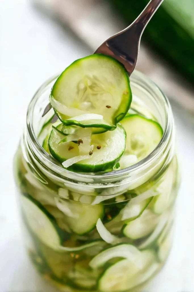 Sliced cucumbers and onions in a jar of homemade easy refrigerator pickles