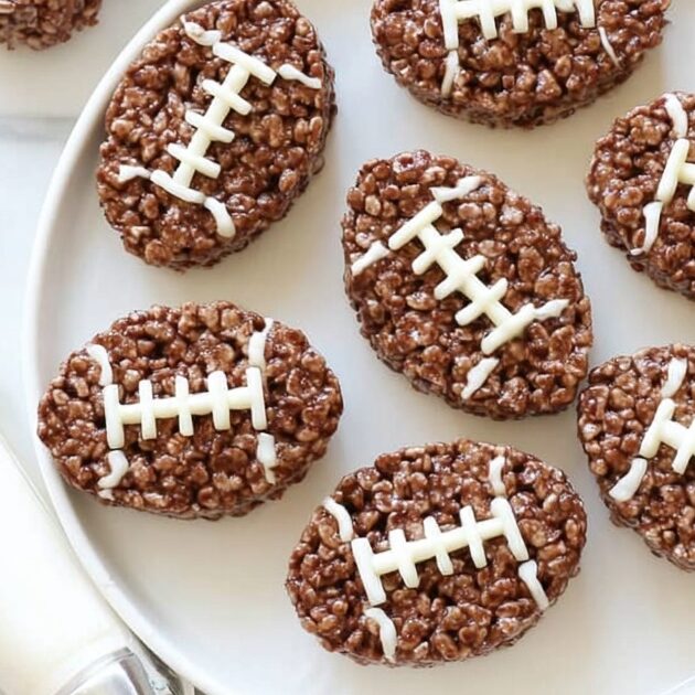 Plate of football rice krispie treats decorated with white icing laces, with piping bag ready for Super Bowl and game day desserts.