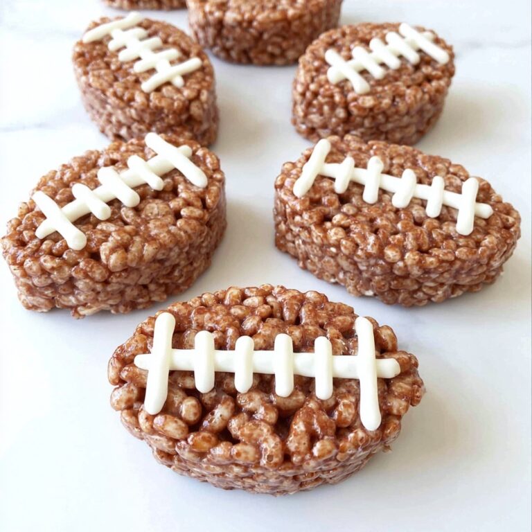 Football rice krispie treats shaped like mini footballs with white icing laces, perfect for Super Bowl and game day parties.