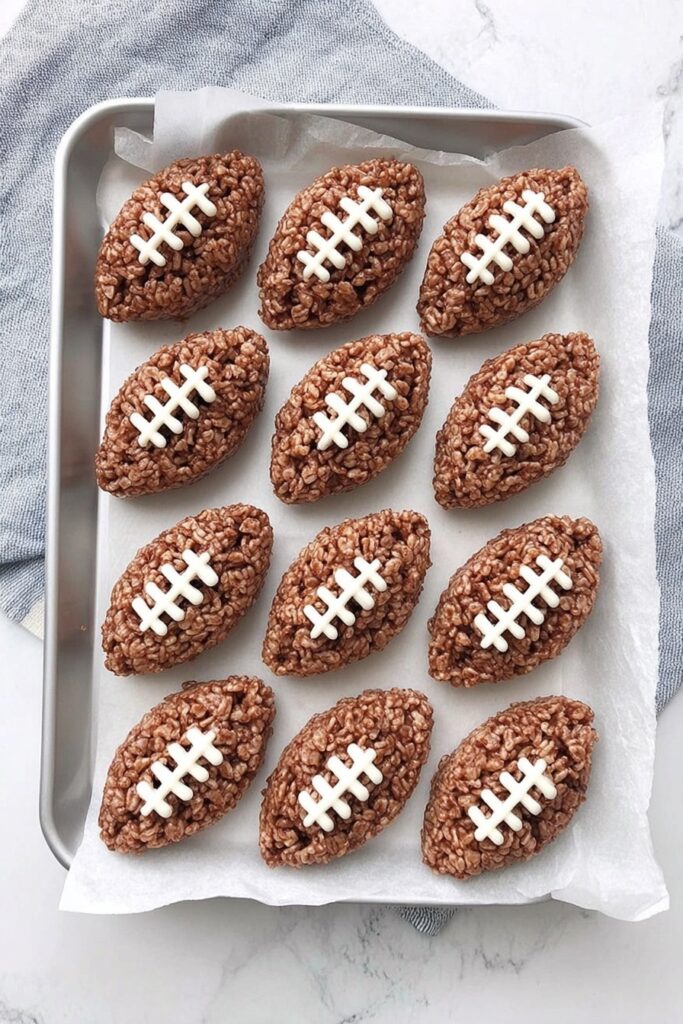 Tray of football rice krispie treats decorated with white icing laces, ready to serve for Super Bowl and game day parties.