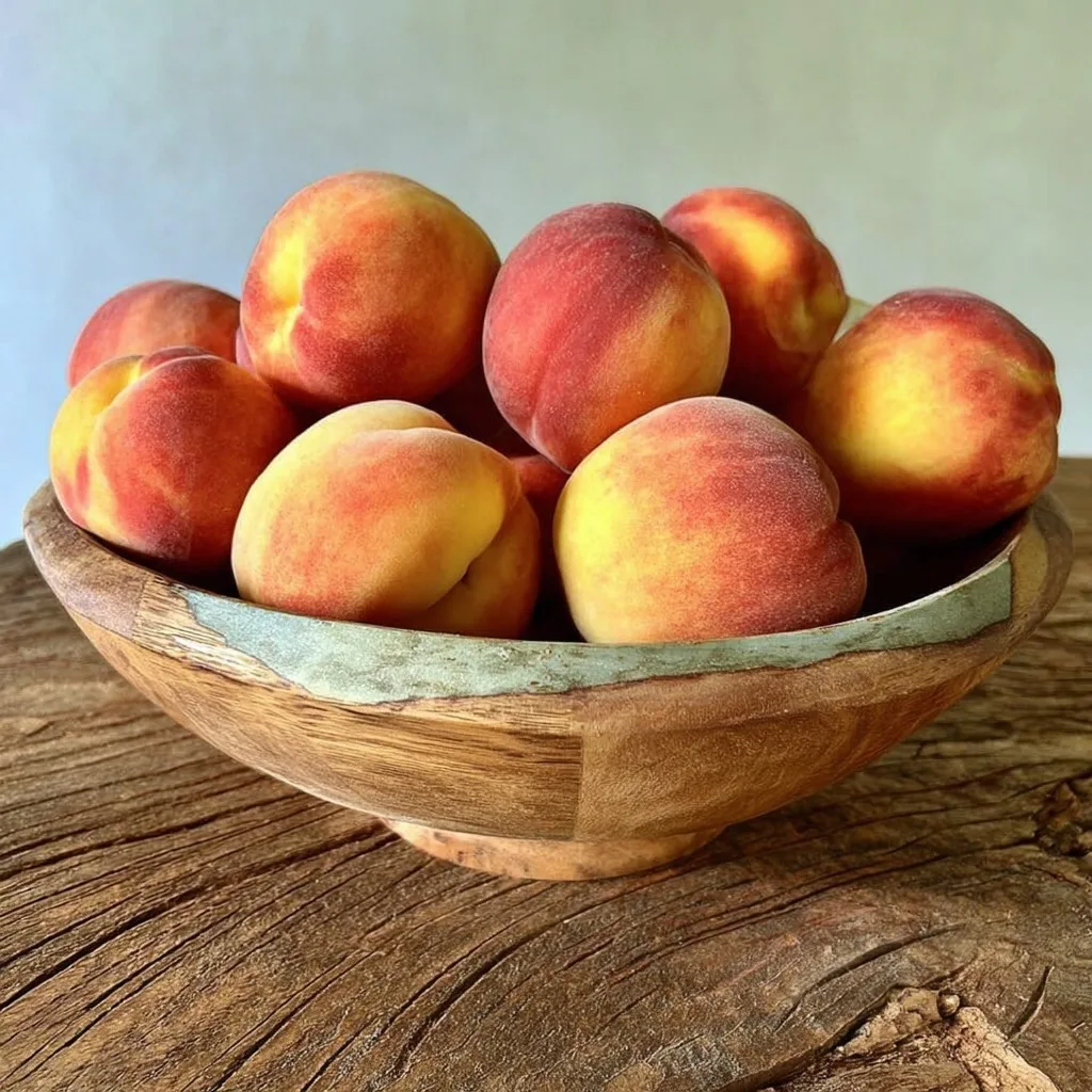 Fresh ripe peaches in a wooden bowl on a rustic wooden surface