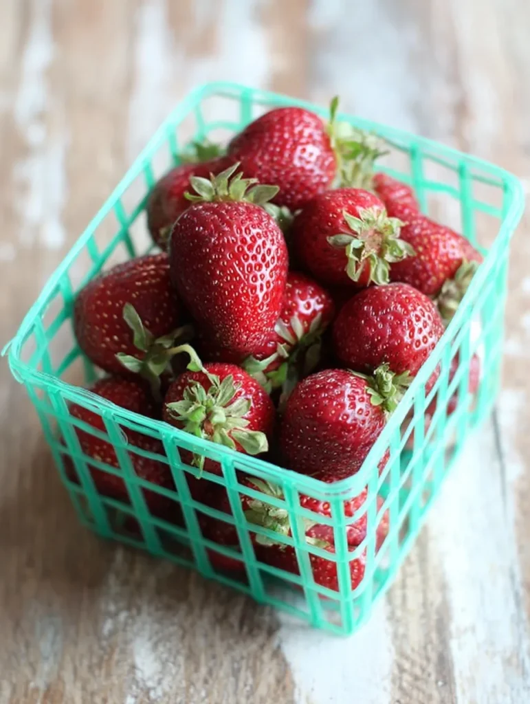 Fresh ripe strawberries in a green plastic basket on a rustic wooden surface