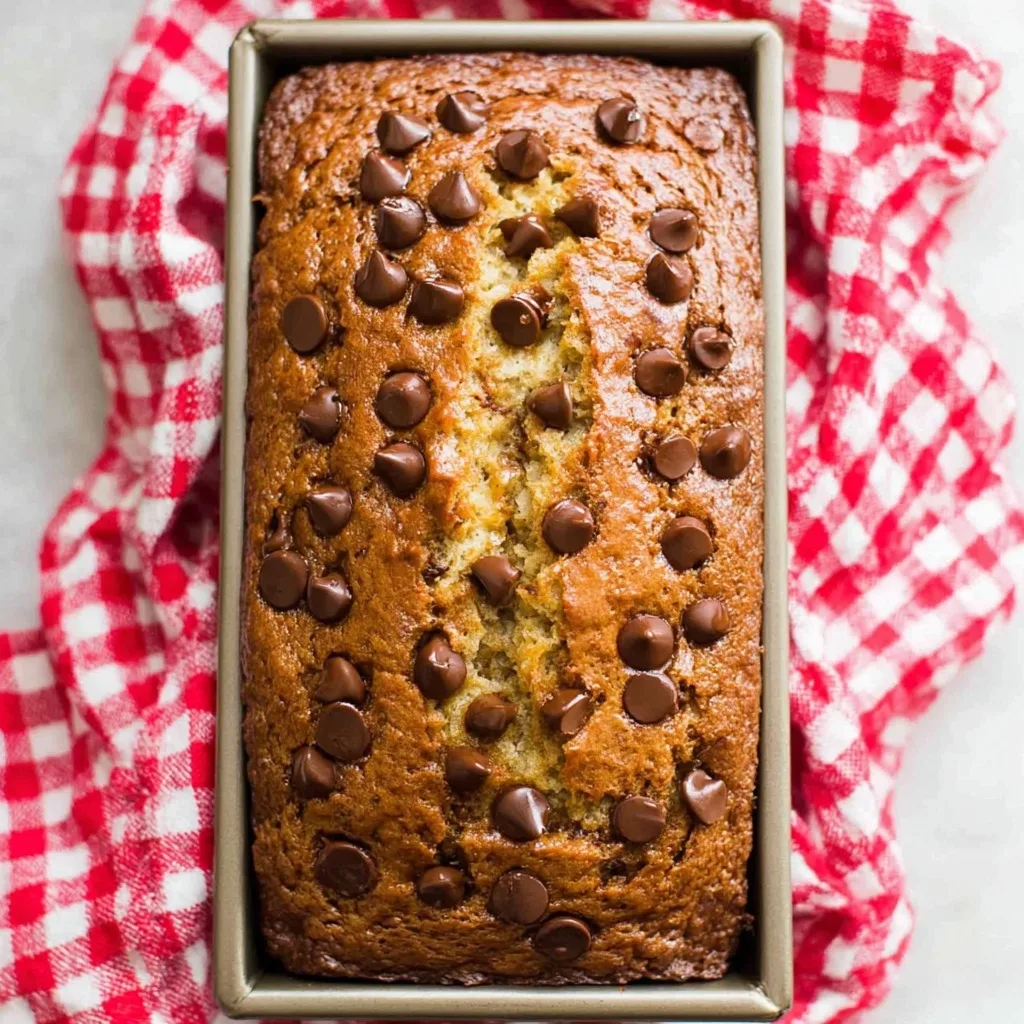 golden brown chocolate chip banana bread loaf in a pan fresh out of the oven on a red checkered towel