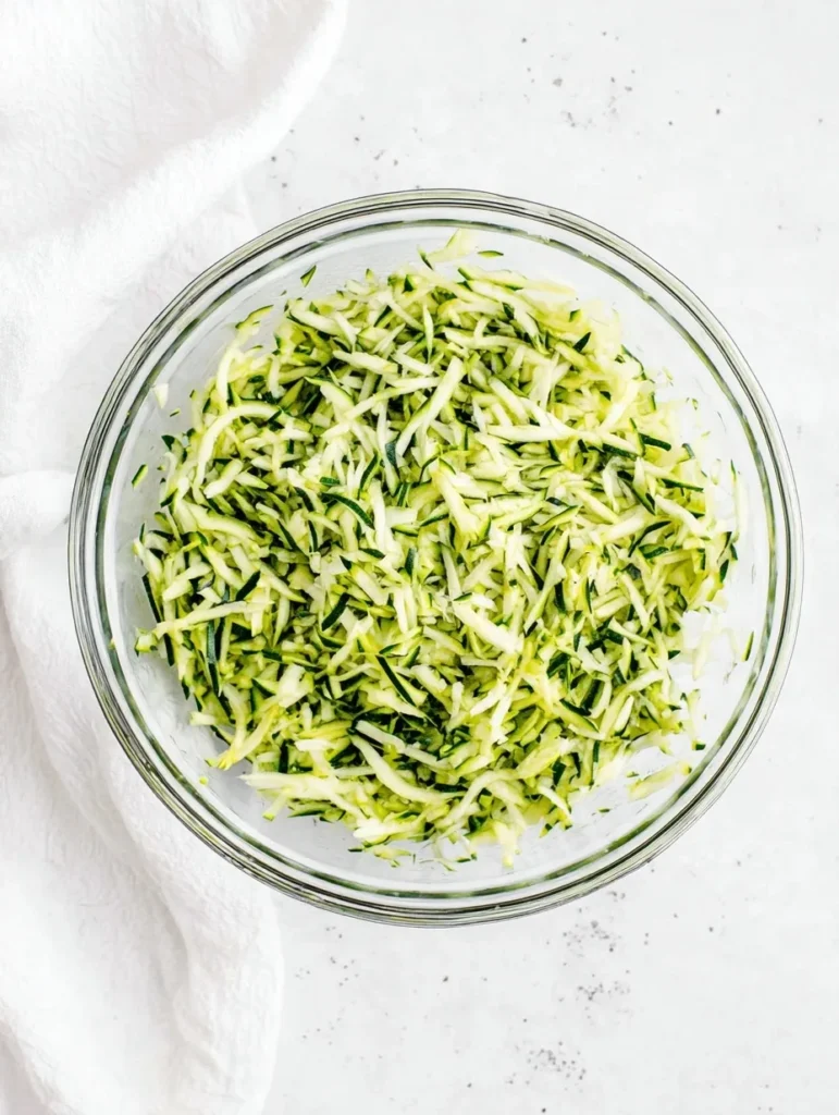 Glass bowl filled with freshly grated zucchini on a white countertop, with a white kitchen towel beside it.