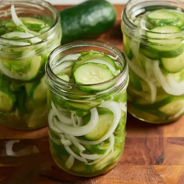 Mason jars filled with cucumbers and onions in brine for homemade easy refrigerator pickles