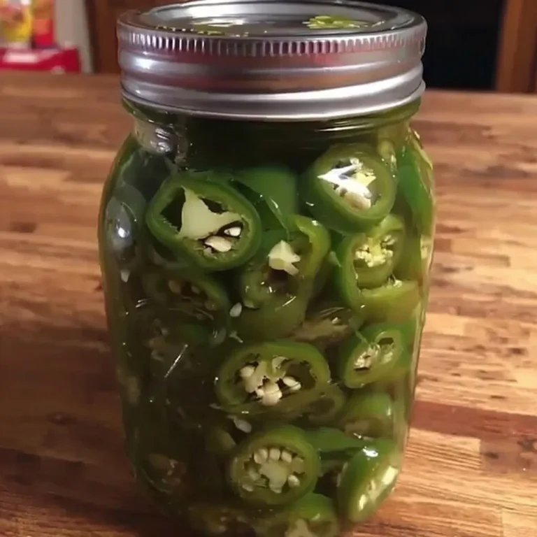 Glass jar filled with sliced homemade pickled jalapenos on a wooden table