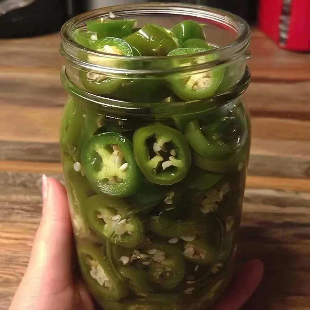 Hand holding a mason jar filled with sliced homemade pickled jalapenos on a wooden table