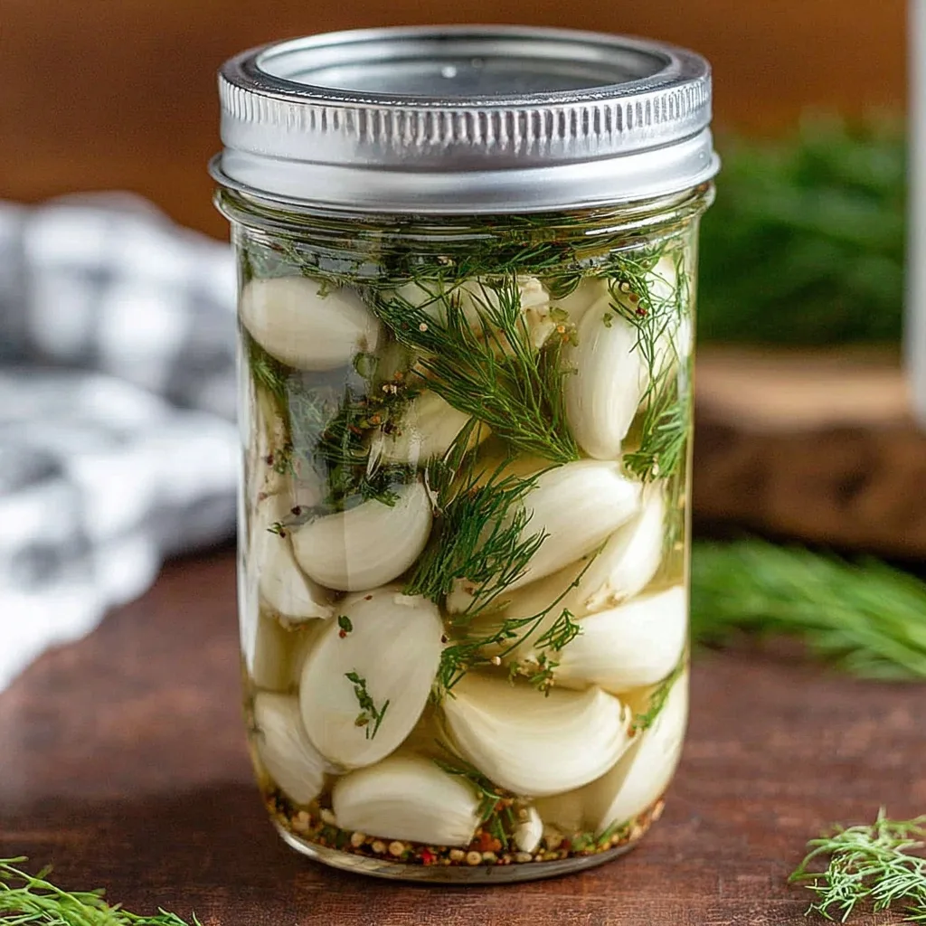 Sealed glass jar filled with pickled garlic cloves, fresh dill, and spices in vinegar brine.