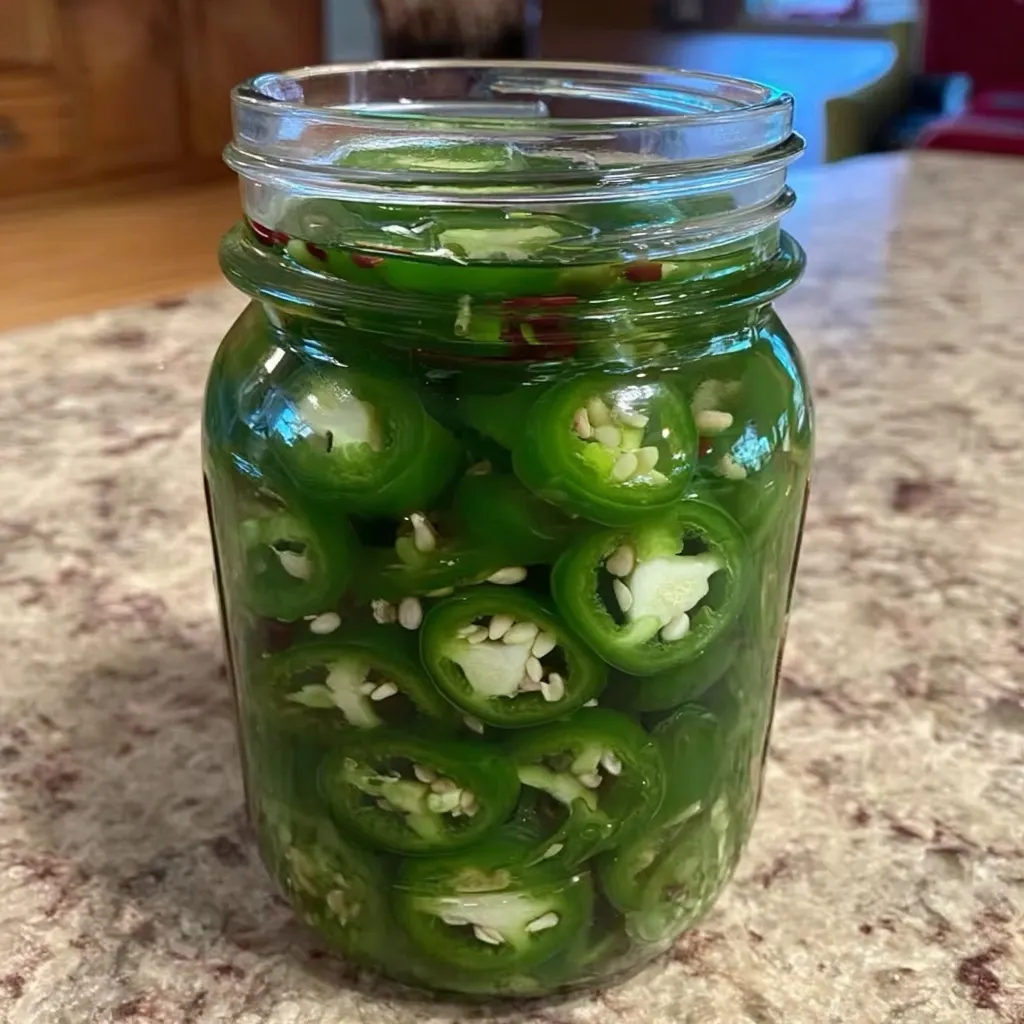 Glass jar filled with homemade pickled jalapenos on a kitchen counter