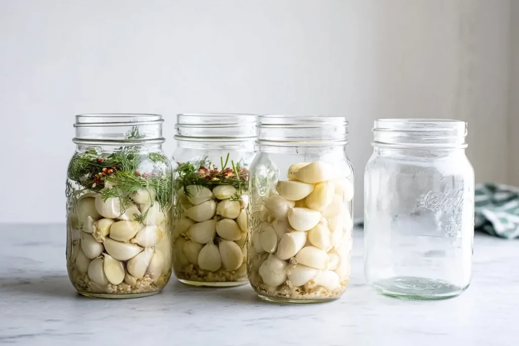 Glass jars being filled with peeled garlic cloves, fresh dill, and spices before pouring in the pickling brine.