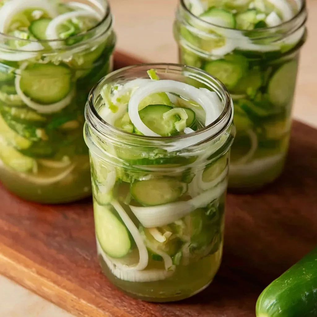 Glass jars filled with cucumbers and onions in brine for easy refrigerator pickles recipe