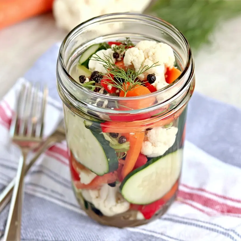 Jar of mixed vegetable refrigerator pickles with cucumbers, carrots, cauliflower, and dill