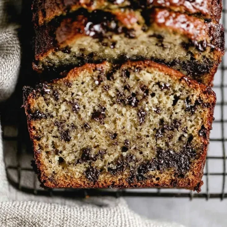 close-up of moist chocolate chip banana bread slice with gooey melted chocolate inside