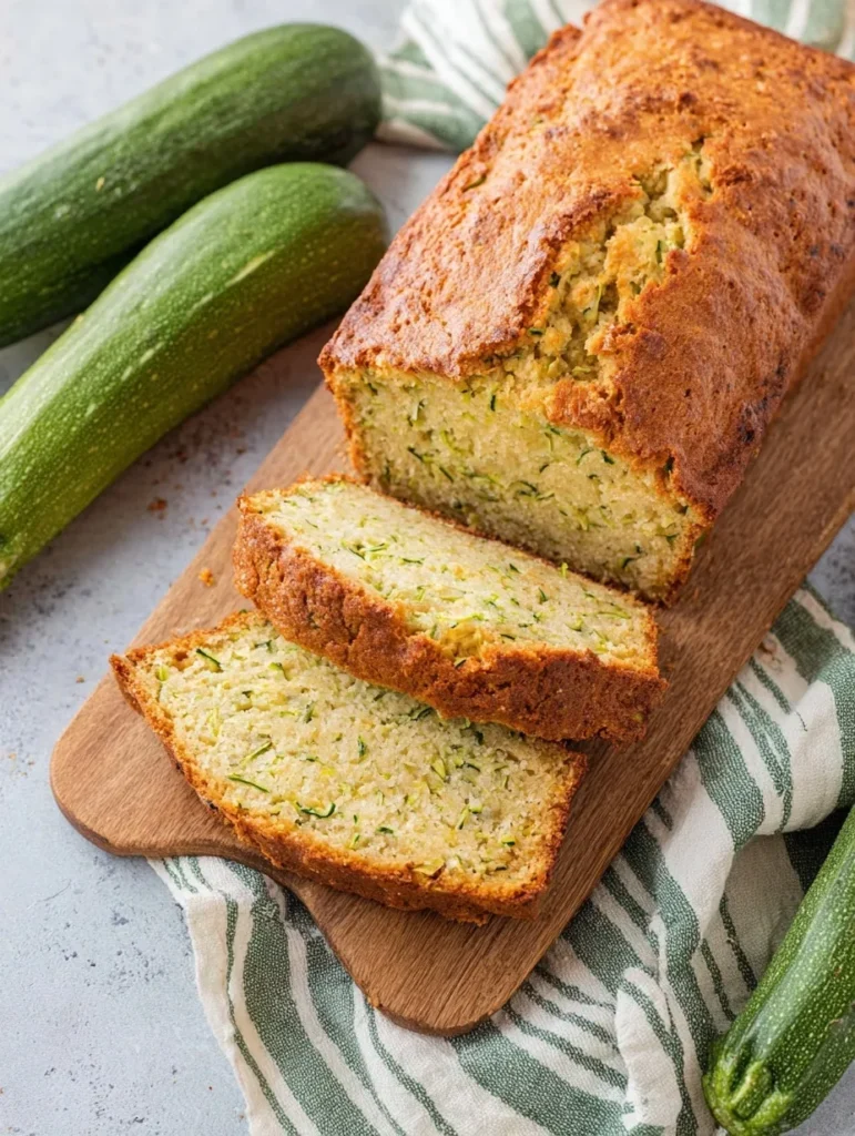 Moist homemade zucchini bread made with fresh garden zucchini, sliced and ready to serve on a wooden board.