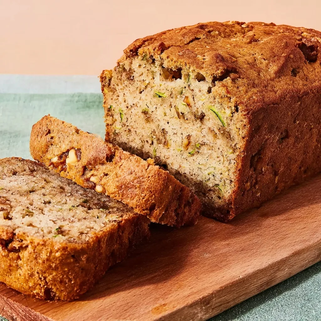 Moist zucchini bread loaf with walnuts, sliced on a wooden cutting board, showing tender crumb and green zucchini pieces.
