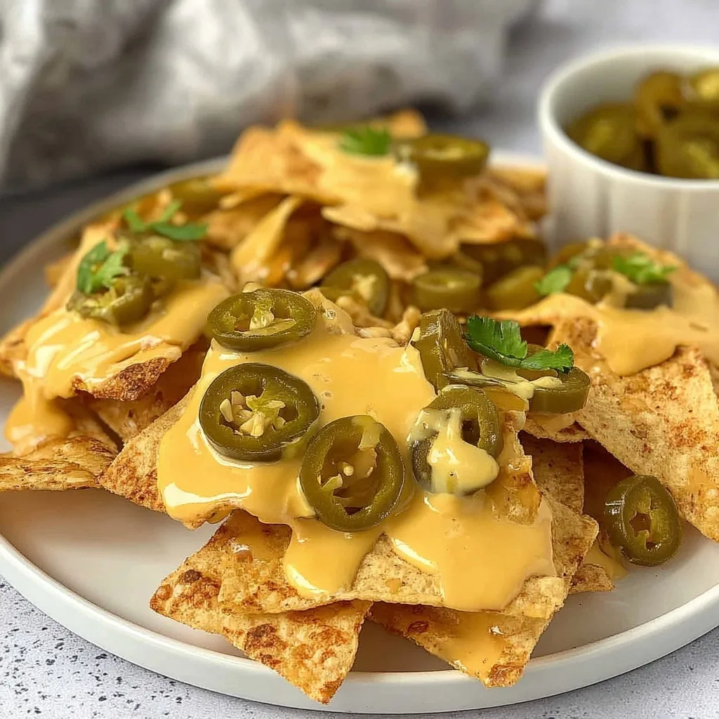 Plate of nachos topped with melted cheese and homemade pickled jalapenos