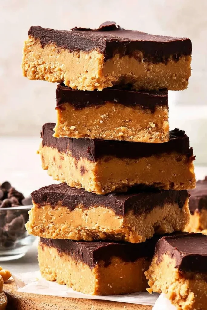 Stack of homemade no bake peanut butter bars with a chocolate topping and creamy peanut butter base.