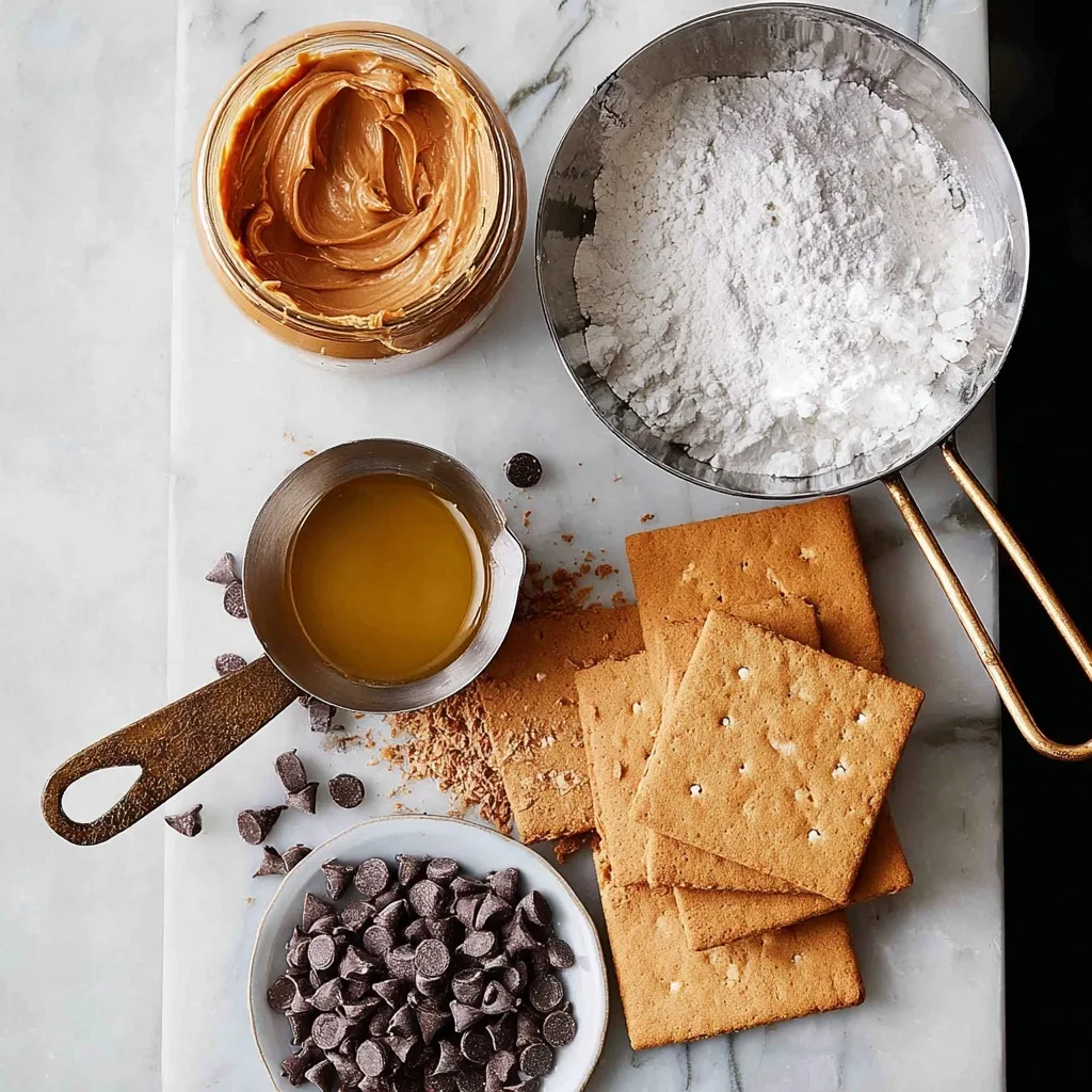 Ingredients for no bake peanut butter bars including peanut butter, powdered sugar, graham crackers, melted butter, and chocolate chips on marble background.